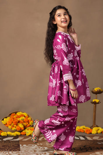 Girl's Cotton Blend Flowe Printed kurta palazzo set