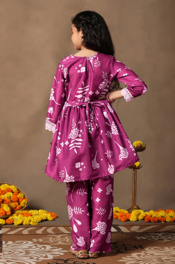 Girl's Cotton Blend Flowe Printed kurta palazzo set