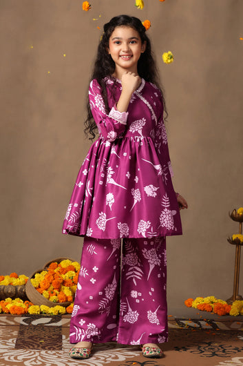 Girl's Cotton Blend Flowe Printed kurta palazzo set
