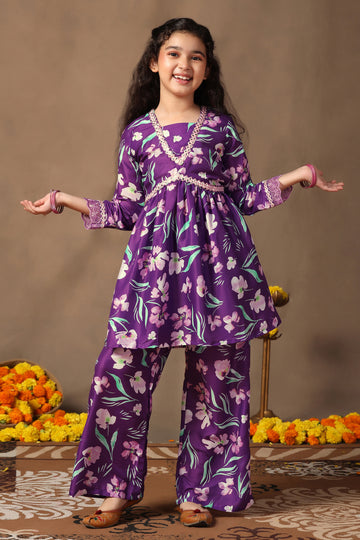 Girl's Cotton Blend Flowe Printed kurta palazzo set