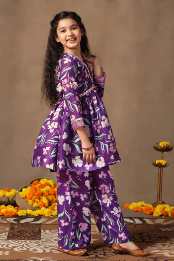 Girl's Cotton Blend Flowe Printed kurta palazzo set