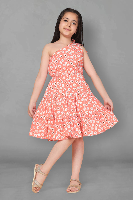 Girls Peach One Shoulder Floral Dress