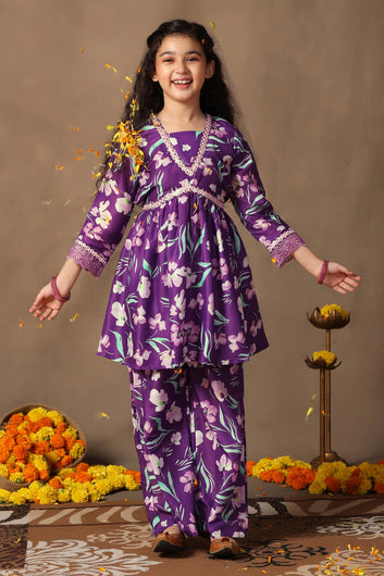 Girl's Cotton Blend Flowe Printed kurta palazzo set