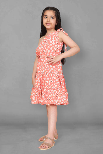 Girls Peach One Shoulder Floral Dress