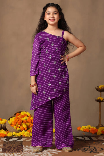 Girls Purple Georgette Leheriya Printed Hi-Low Kurta With Palazzo Set