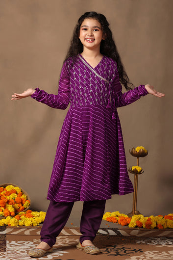 Girls Purple Leheriya Printed Embroidered Paplum Style Kurta snd Pant Set
