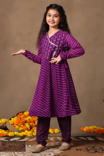 Girls Purple Leheriya Printed Embroidered Paplum Style Kurta snd Pant Set