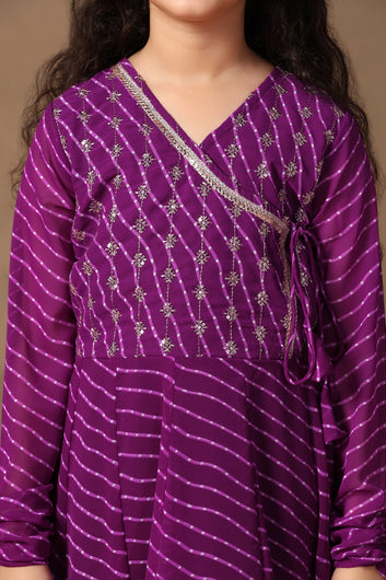 Girls Purple Leheriya Printed Embroidered Paplum Style Kurta snd Pant Set