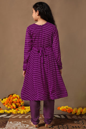 Girls Purple Leheriya Printed Embroidered Paplum Style Kurta snd Pant Set