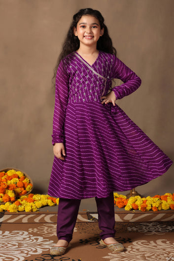 Girls Purple Leheriya Printed Embroidered Paplum Style Kurta snd Pant Set