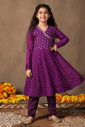 Girls Purple Leheriya Printed Embroidered Paplum Style Kurta snd Pant Set
