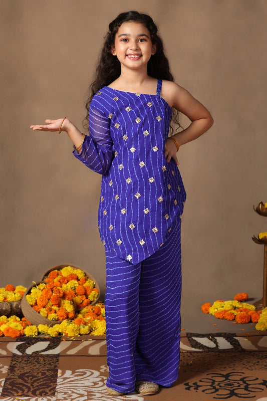 Girls Blue Georgette Leheriya Printed Hi-Low Kurta With Palazzo Set