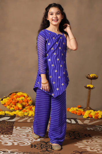 Girls Blue Georgette Leheriya Printed Hi-Low Kurta With Palazzo Set