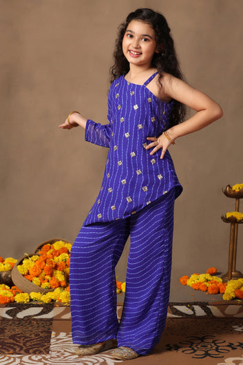 Girls Blue Georgette Leheriya Printed Hi-Low Kurta With Palazzo Set