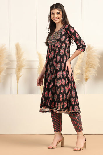 Womens Black Cotton Blend Floral Printed Ankle Length Anarkali Kurta With Pant Set