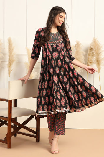 Womens Black Cotton Blend Floral Printed Ankle Length Anarkali Kurta With Pant Set