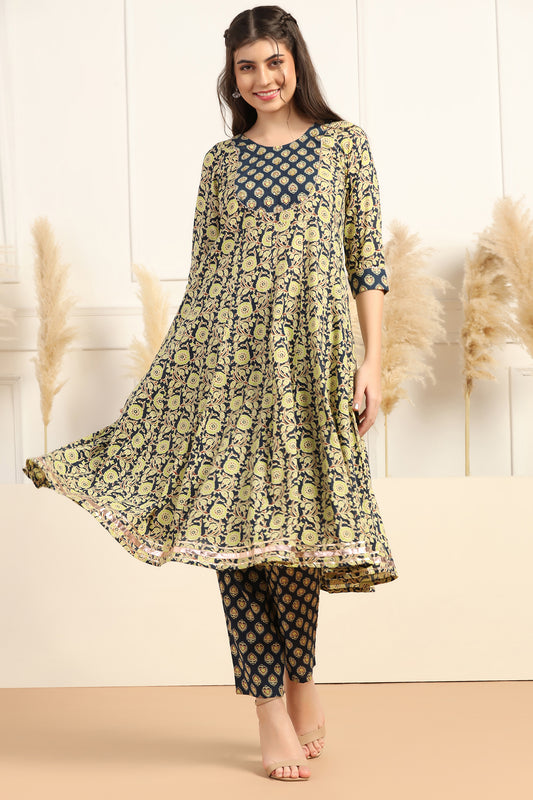 Womens Dark Blue Cotton Blend Floral Printed Ankle Length Anarkali Kurta With Pant Set