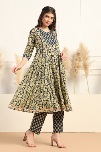 Womens Dark Blue Cotton Blend Floral Printed Ankle Length Anarkali Kurta With Pant Set