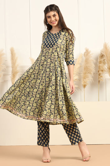 Womens Dark Blue Cotton Blend Floral Printed Ankle Length Anarkali Kurta With Pant Set