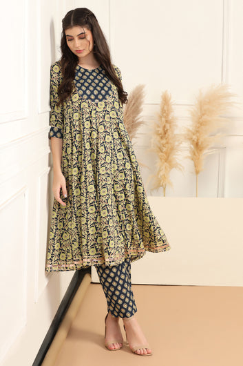 Womens Dark Blue Cotton Blend Floral Printed Ankle Length Anarkali Kurta With Pant Set