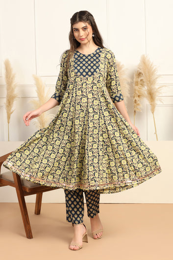 Womens Dark Blue Cotton Blend Floral Printed Ankle Length Anarkali Kurta With Pant Set