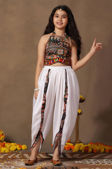 Girls Black Cotton Blend Printed A-Line Crop Top With Dhoti Set