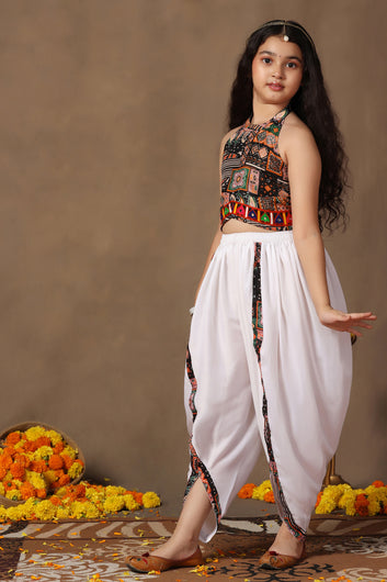 Girls Black Cotton Blend Printed A-Line Crop Top With Dhoti Set