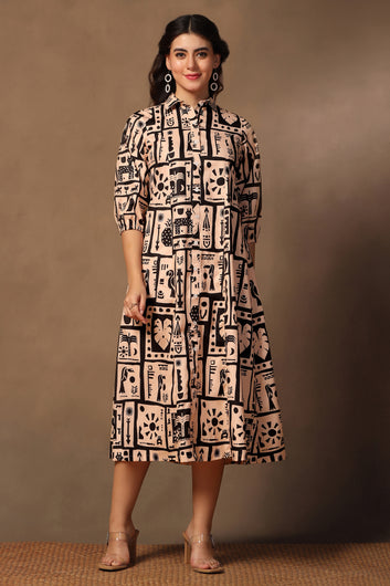 Womens Beige Cotton Blend A-Line Animal Printed Calf Length Dress