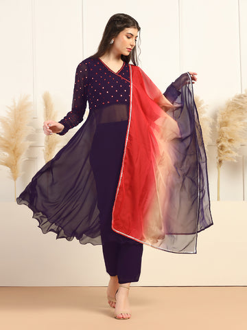 Womens Violet Georgette Embroidered Ankle Length Flared Kurta And Pant With Dupatta Set
