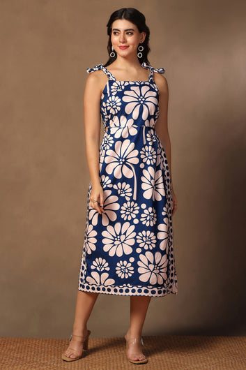 Womens Navy Blue Cotton Blend A-Line Floral Printed Calf Length Dress