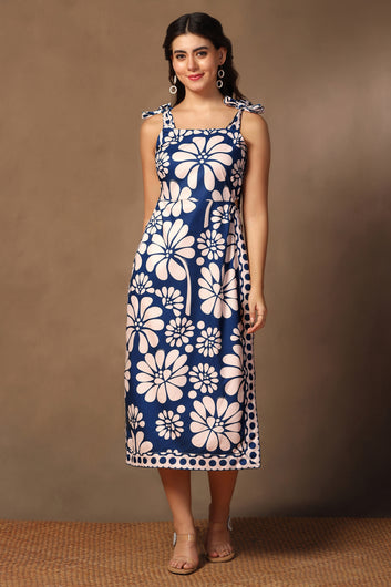 Womens Navy Blue Cotton Blend A-Line Floral Printed Calf Length Dress