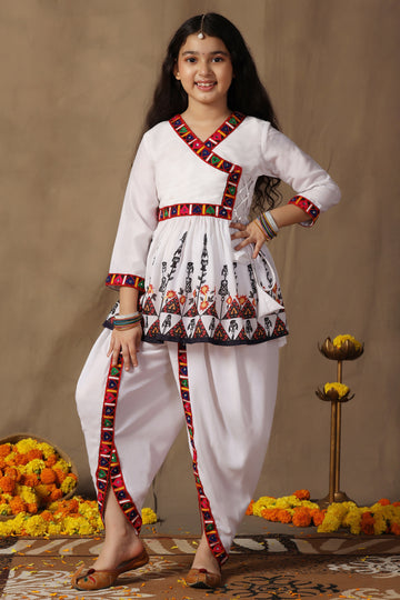 Girls White Cotton Blend Embroidered Angarkha Style Kurta With Dhoti Set