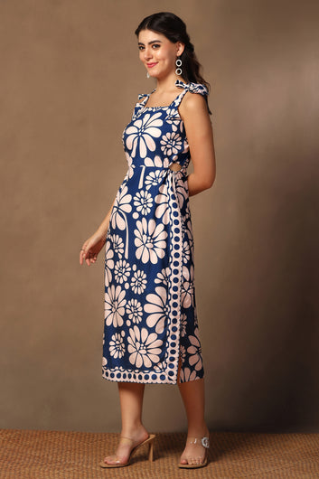 Womens Navy Blue Cotton Blend A-Line Floral Printed Calf Length Dress