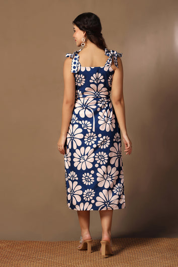 Womens Navy Blue Cotton Blend A-Line Floral Printed Calf Length Dress