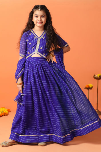 Girls Blue Georgette Leheriya Printed Lehenga And Choli With Dupatta Set