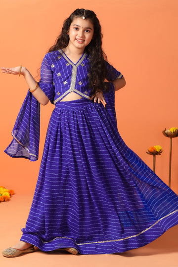 Girls Blue Georgette Leheriya Printed Lehenga And Choli With Dupatta Set