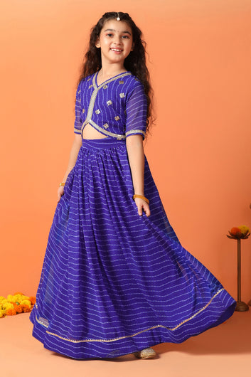 Girls Blue Georgette Leheriya Printed Lehenga And Choli With Dupatta Set