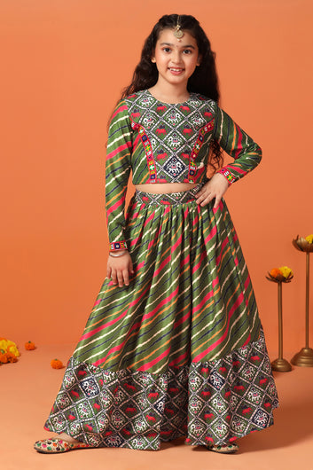 Girls Green Cotton Blend Leheriya Printed Lehenga With Choli Set