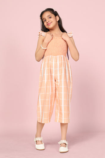 Girl's Orange Cotton Stripes Printed Calf Length Jumpsuit