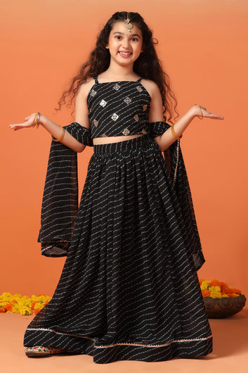 Girls Black Georgette Leheriya Printed Lehenga And Choli With Dupatta Set