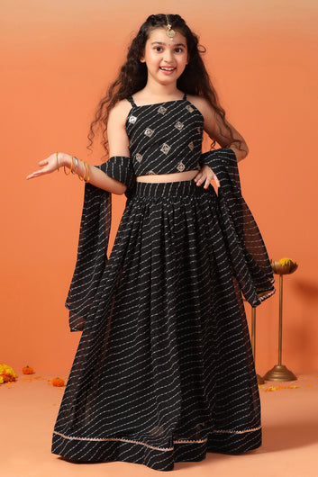 Girls Black Georgette Leheriya Printed Lehenga And Choli With Dupatta Set