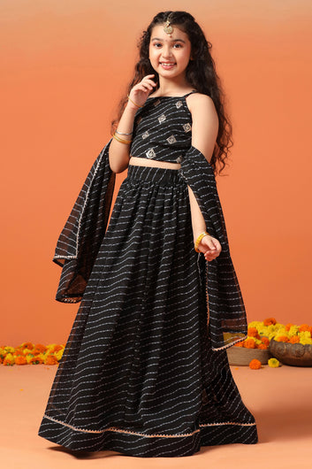 Girls Black Georgette Leheriya Printed Lehenga And Choli With Dupatta Set