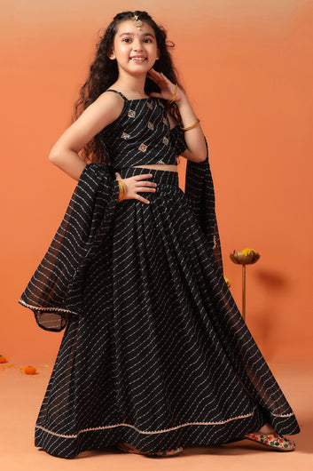 Girls Black Georgette Leheriya Printed Lehenga And Choli With Dupatta Set