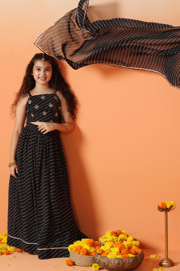 Girls Black Georgette Leheriya Printed Lehenga And Choli With Dupatta Set