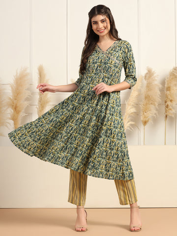 Womens Multicolor Cotton Floral Printed Ankle Length Anarkali Kurta With Pant Set