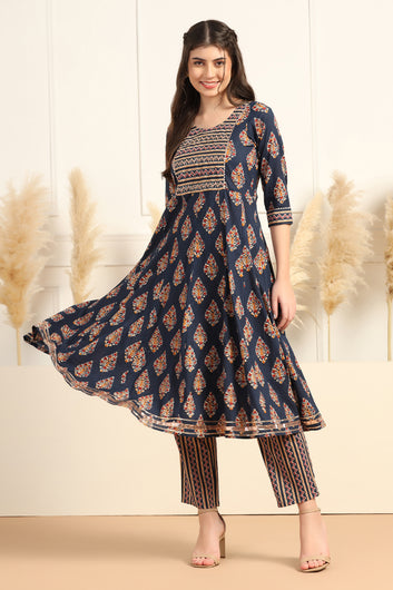 Womens Dark Blue Cotton Blend Floral Printed Ankle Length Anarkali Kurta With Pant Set