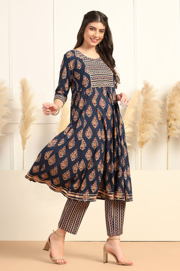 Womens Dark Blue Cotton Blend Floral Printed Ankle Length Anarkali Kurta With Pant Set