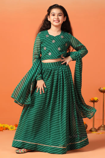 Girls Green Georgette Leheriya Printed Lehenga And Choli With Dupatta Set