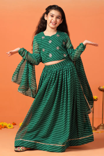 Girls Green Georgette Leheriya Printed Lehenga And Choli With Dupatta Set