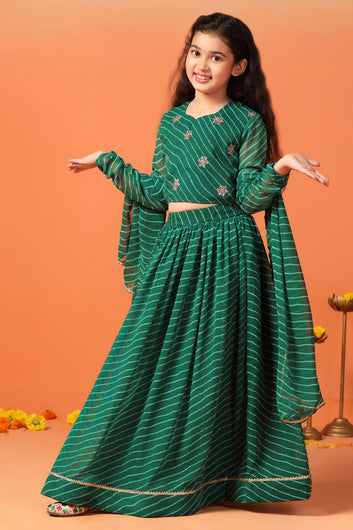 Girls Green Georgette Leheriya Printed Lehenga And Choli With Dupatta Set